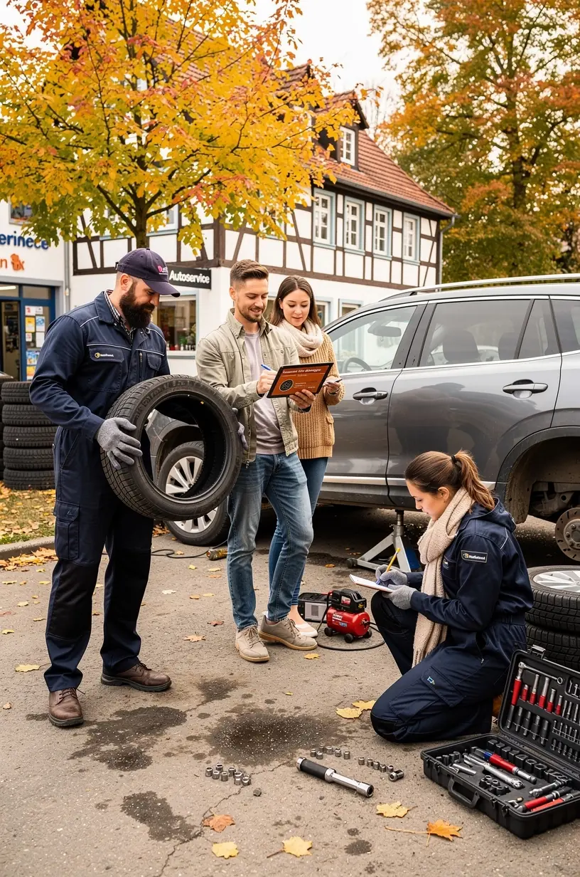 Fachmännischer Kfz-Mechaniker überprüft Reifenprofil und Luftdruck während saisonaler Inspektion.
